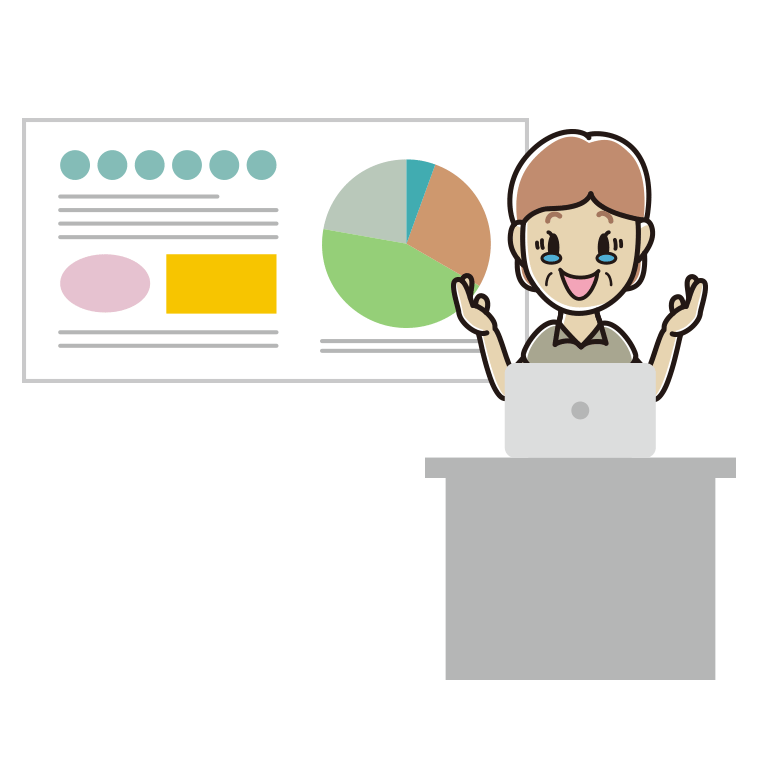 プレゼンでジーンとする年配女性会社員（クールビズ）のイラスト【色あり、背景なし】透過PNG