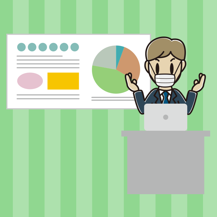 マスクをしてプレゼンする男性会社員のイラスト【色、背景あり】PNG