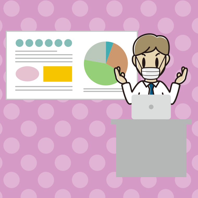 マスクをしてプレゼンする男性会社員（ワイシャツ）のイラスト【色、背景あり】PNG