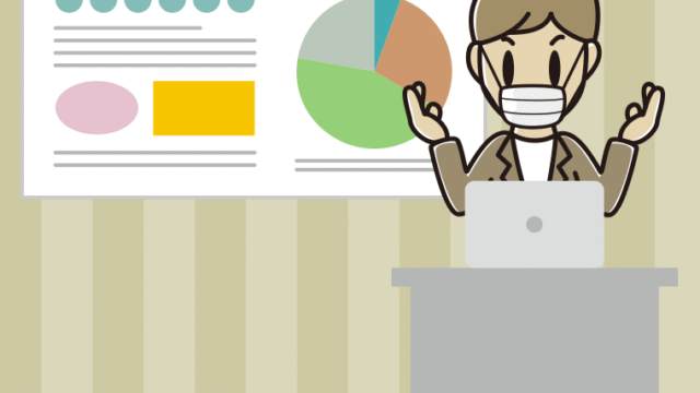 マスクをしてプレゼンする男性会社員（カジュアル）のイラスト【色、背景あり】PNG