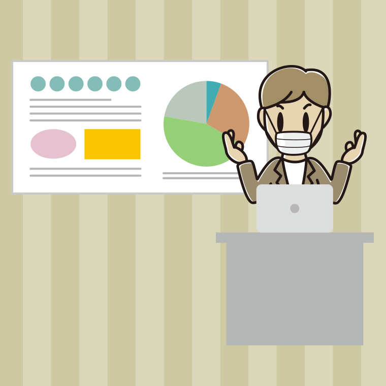 マスクをしてプレゼンする男性会社員（カジュアル）のイラスト【色、背景あり】PNG