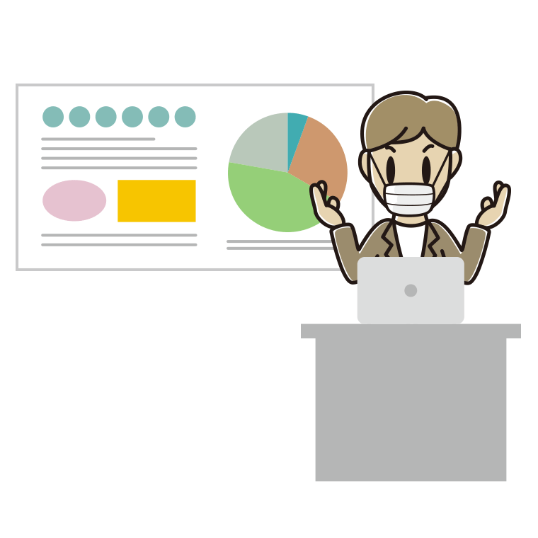 マスクをしてプレゼンする男性会社員（カジュアル）のイラスト【色あり、背景なし】透過PNG