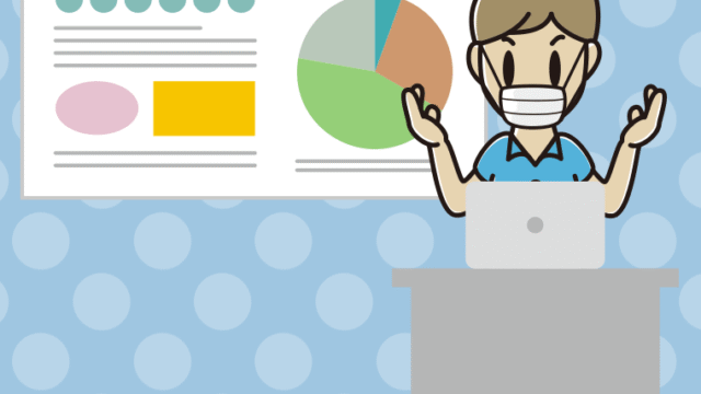 マスクをしてプレゼンする男性会社員（クールビズ）のイラスト【色、背景あり】PNG