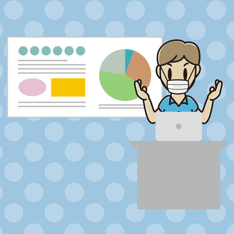 マスクをしてプレゼンする男性会社員（クールビズ）のイラスト【色、背景あり】PNG