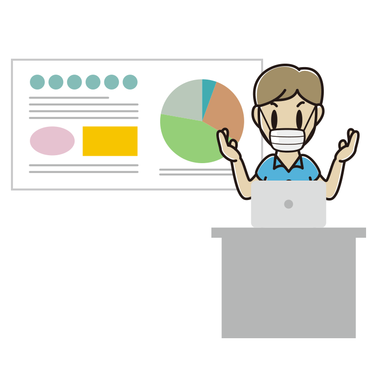マスクをしてプレゼンする男性会社員（クールビズ）のイラスト【色あり、背景なし】透過PNG