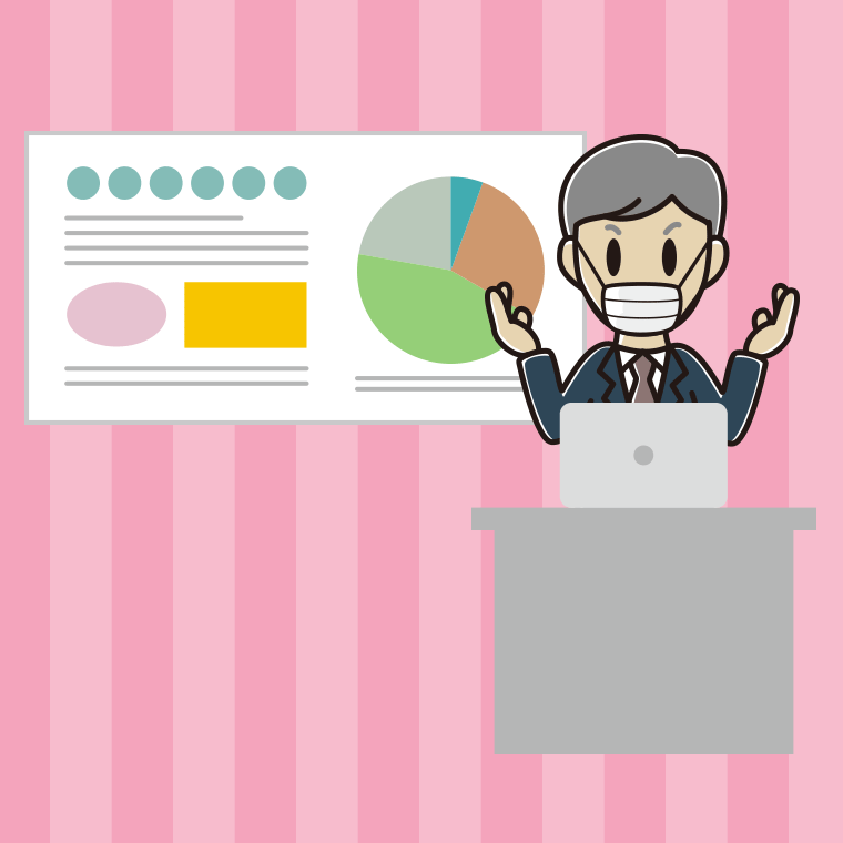 マスクをしてプレゼンする年配男性会社員のイラスト【色、背景あり】PNG