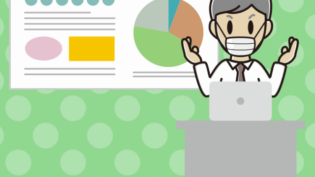 マスクをしてプレゼンする年配男性会社員（ワイシャツ）のイラスト【色、背景あり】PNG