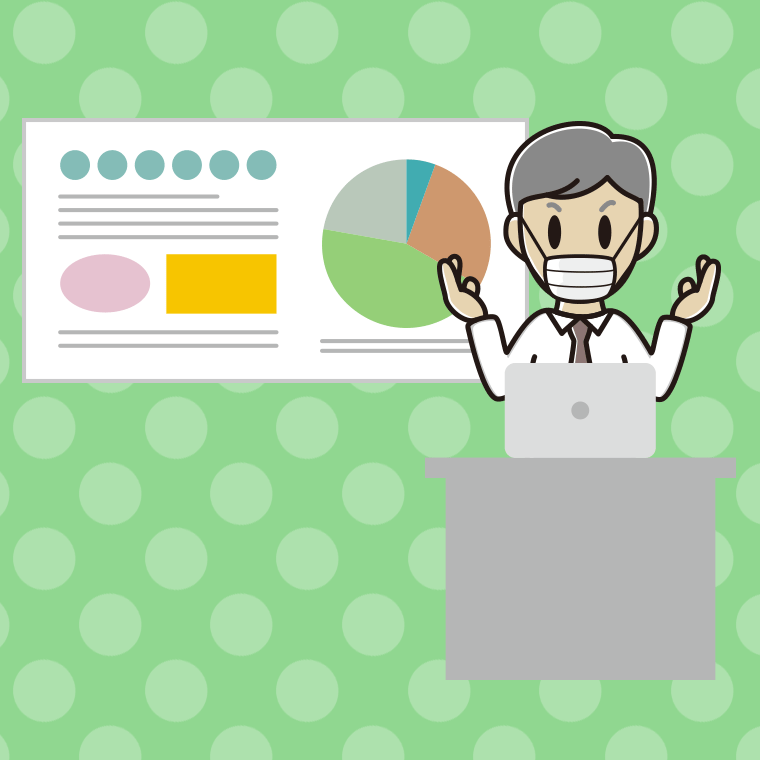 マスクをしてプレゼンする年配男性会社員（ワイシャツ）のイラスト【色、背景あり】PNG