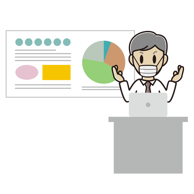 マスクをしてプレゼンする年配男性会社員（ワイシャツ）のイラスト【色あり、背景なし】透過PNG