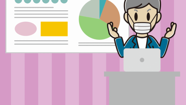 マスクをしてプレゼンする年配男性会社員（カジュアル）のイラスト【色、背景あり】PNG