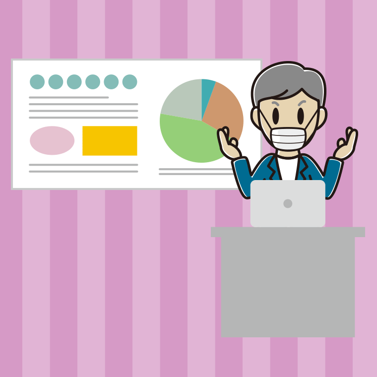 マスクをしてプレゼンする年配男性会社員（カジュアル）のイラスト【色、背景あり】PNG