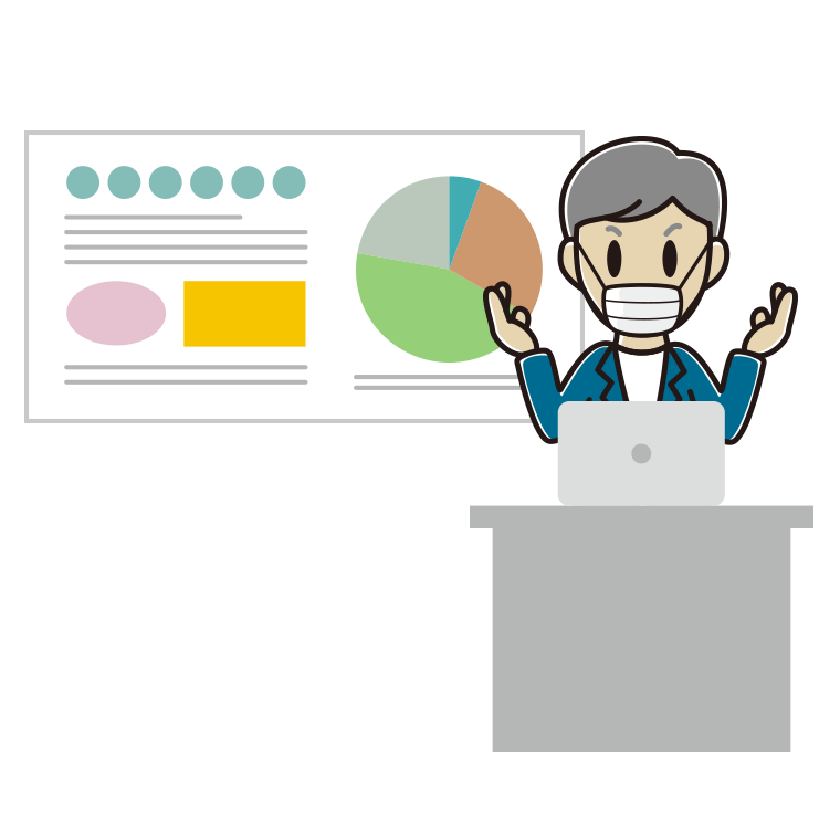 マスクをしてプレゼンする年配男性会社員（カジュアル）のイラスト【色あり、背景なし】透過PNG