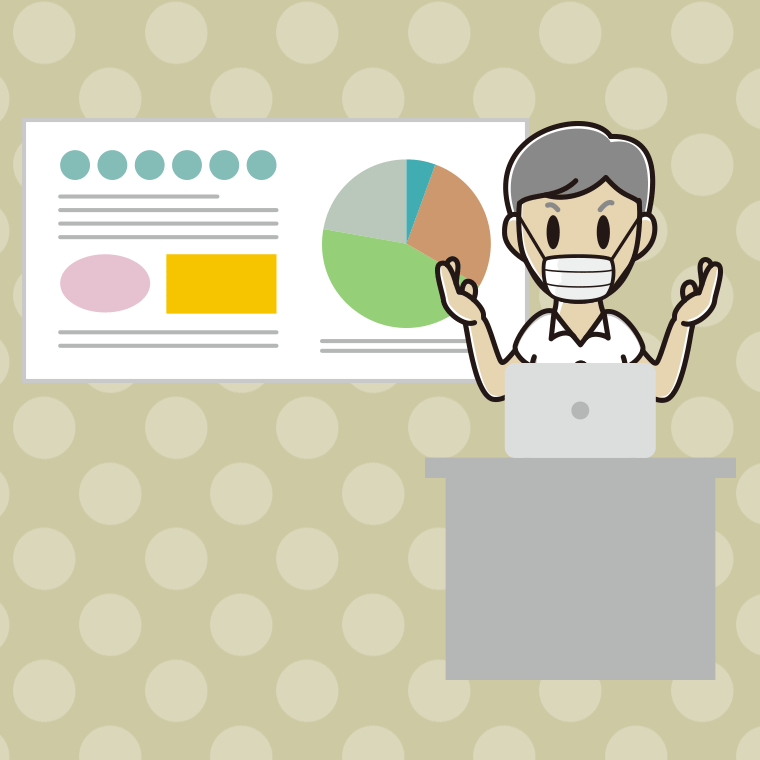 マスクをしてプレゼンする年配男性会社員（クールビズ）のイラスト【色、背景あり】PNG