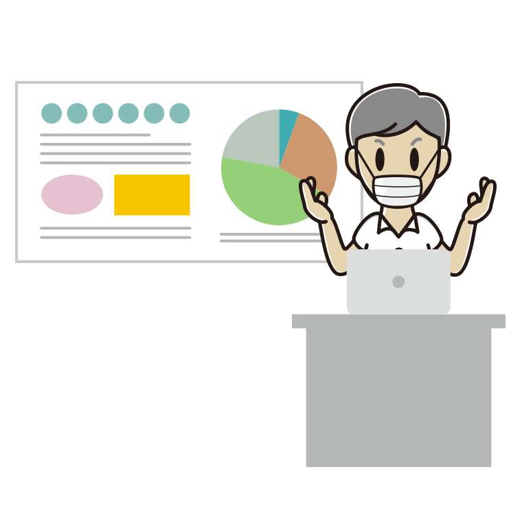 マスクをしてプレゼンする年配男性会社員（クールビズ）のイラスト【色あり、背景なし】透過PNG