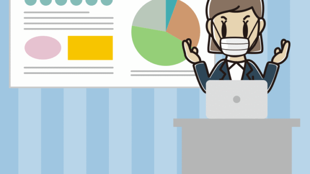 マスクをしてプレゼンする女性会社員のイラスト【色、背景あり】PNG