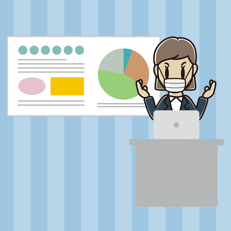 マスクをしてプレゼンする女性会社員のイラスト【色、背景あり】PNG