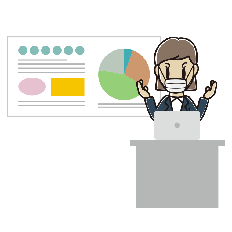 マスクをしてプレゼンする女性会社員のイラスト【色あり、背景なし】透過PNG