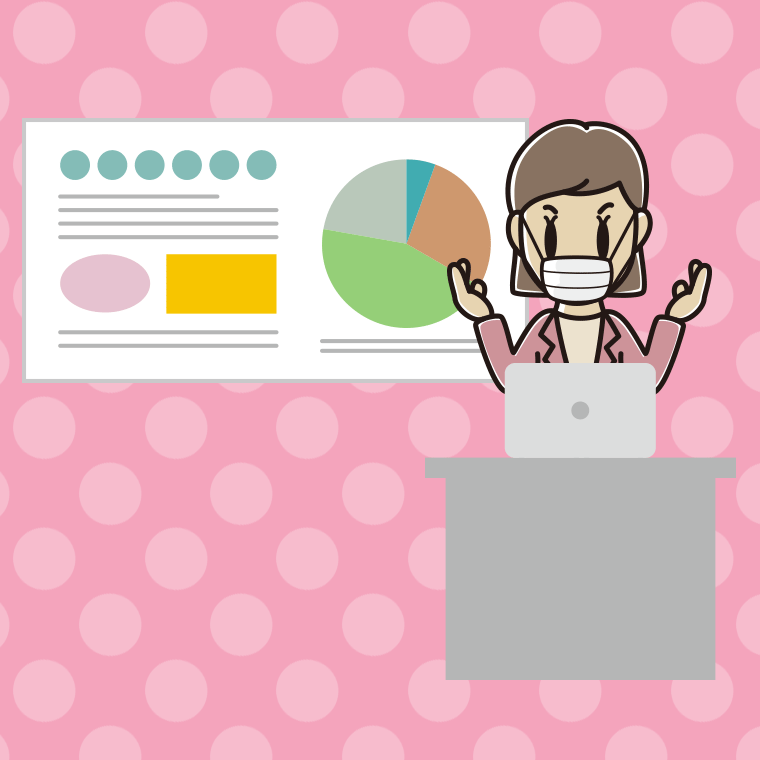 マスクをしてプレゼンする女性会社員（カジュアル）のイラスト【色、背景あり】PNG