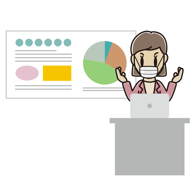 マスクをしてプレゼンする女性会社員（カジュアル）のイラスト【色あり、背景なし】透過PNG