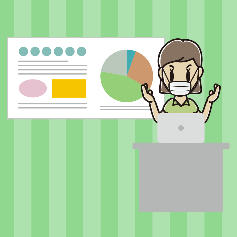 マスクをしてプレゼンする女性会社員（クールビズ）のイラスト【色、背景あり】PNG