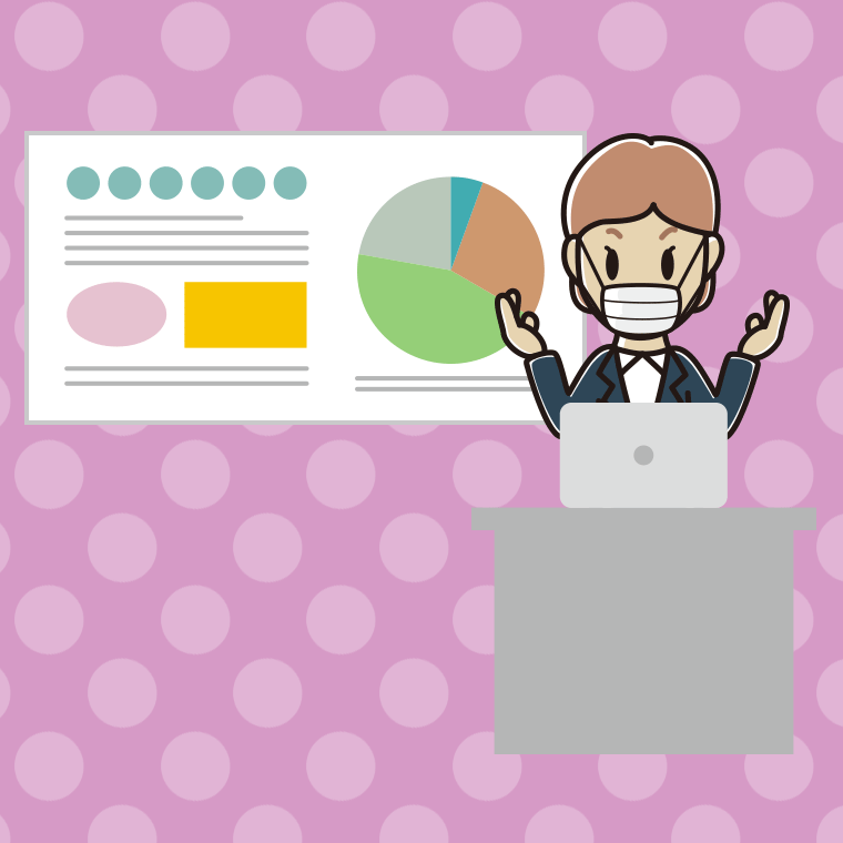 マスクをしてプレゼンする年配女性会社員のイラスト【色、背景あり】PNG