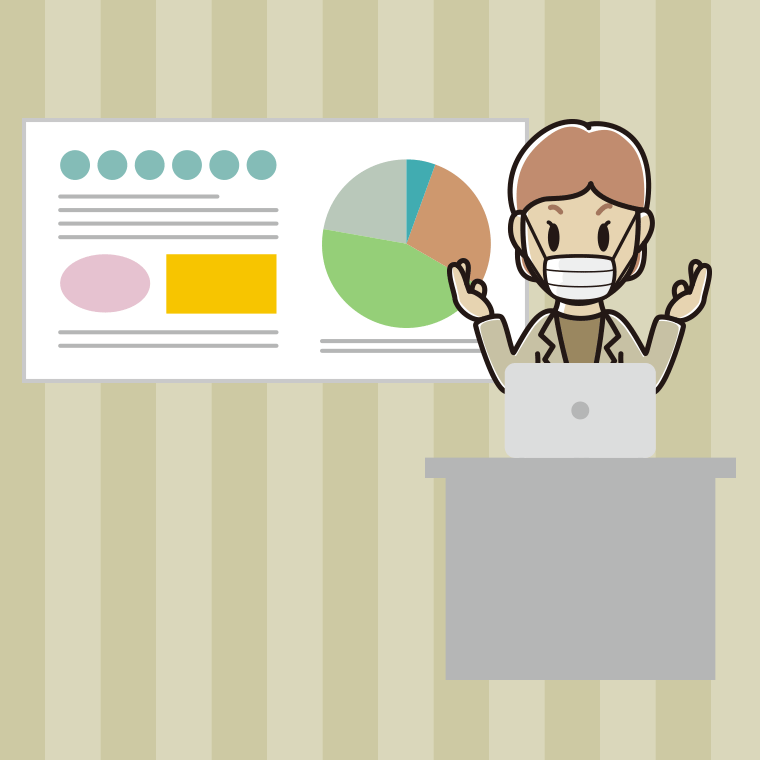 マスクをしてプレゼンする年配女性会社員（カジュアル）のイラスト【色、背景あり】PNG