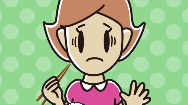 朝食（和食）で困る女性のイラスト【色、背景あり】PNG