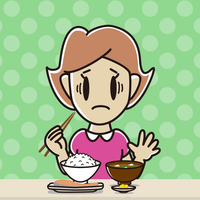 朝食（和食）で困る女性のイラスト【色、背景あり】PNG