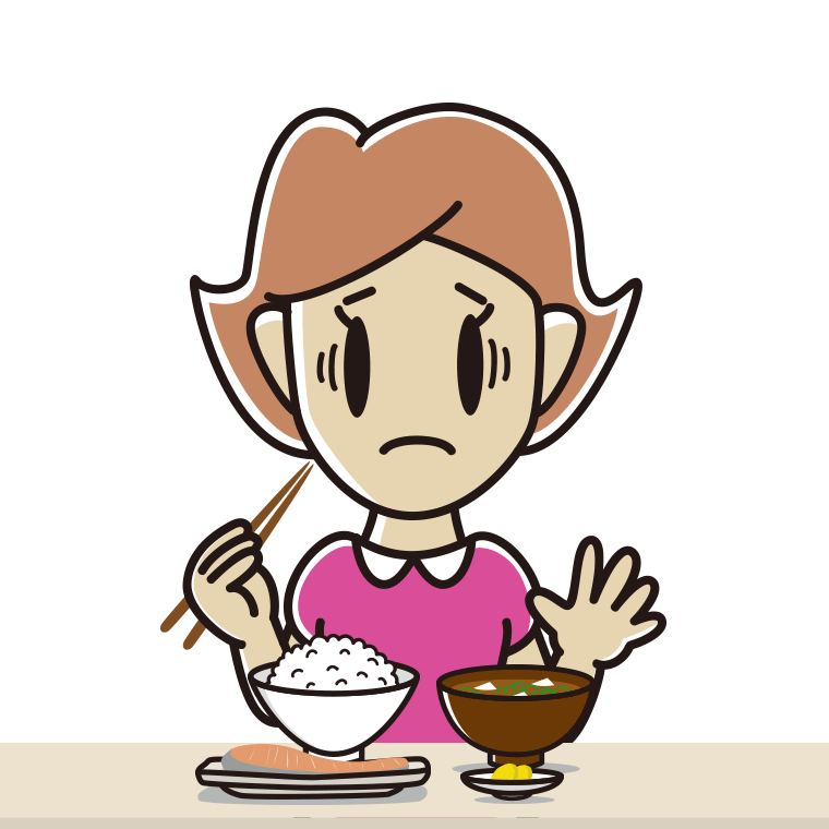 朝食（和食）で困る女性のイラスト【色あり、背景なし】透過PNG