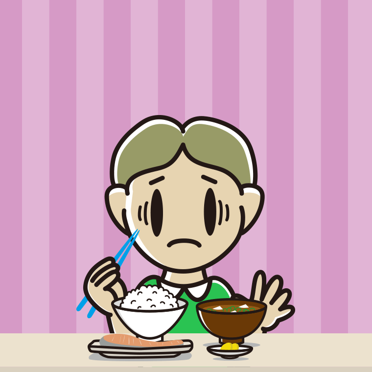 朝食（和食）で困る小学生男子のイラスト【色、背景あり】PNG