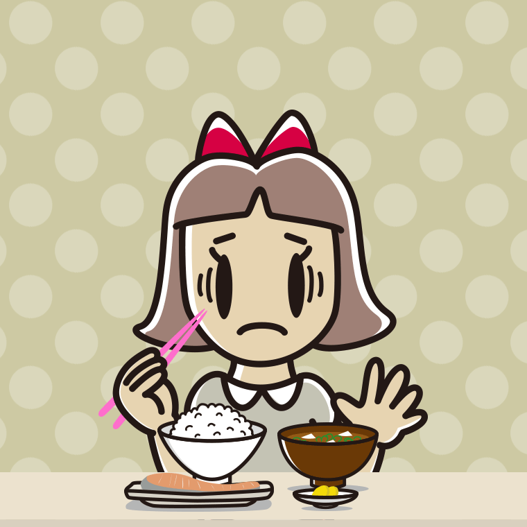 朝食（和食）で困る小学生女子のイラスト【色、背景あり】PNG