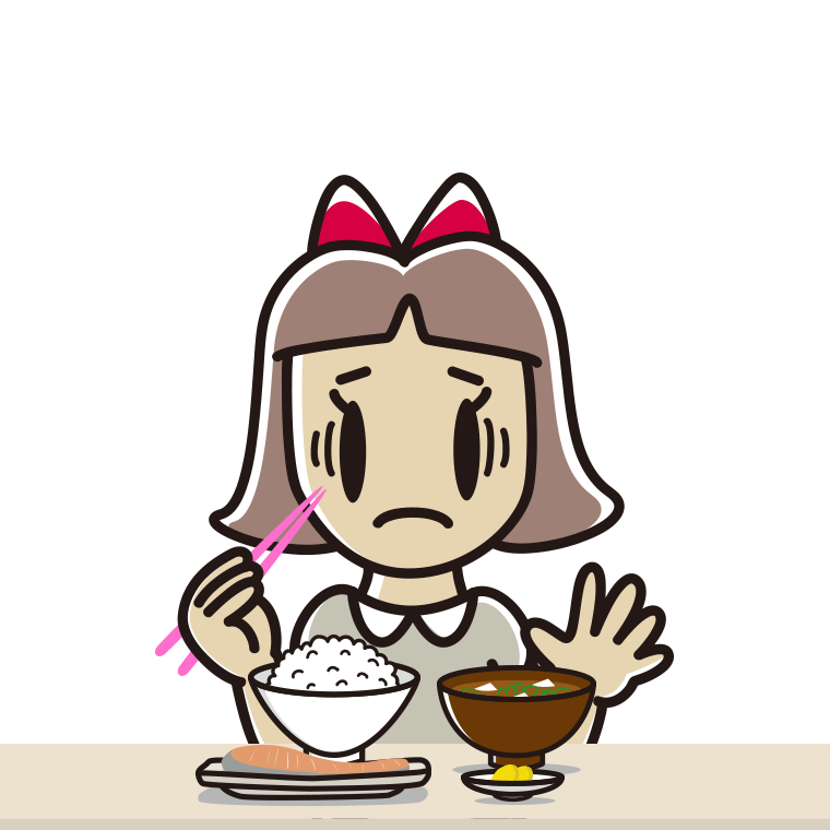 朝食（和食）で困る小学生女子のイラスト【色あり、背景なし】透過PNG