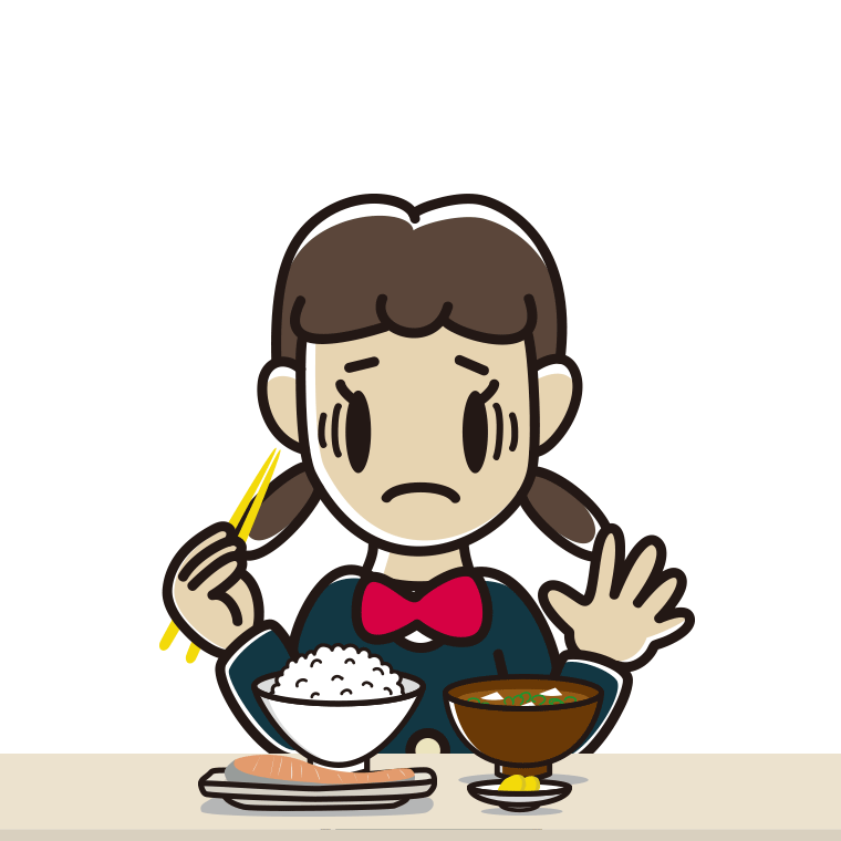 朝食（和食）で困る女子中学生のイラスト【色あり、背景なし】透過PNG