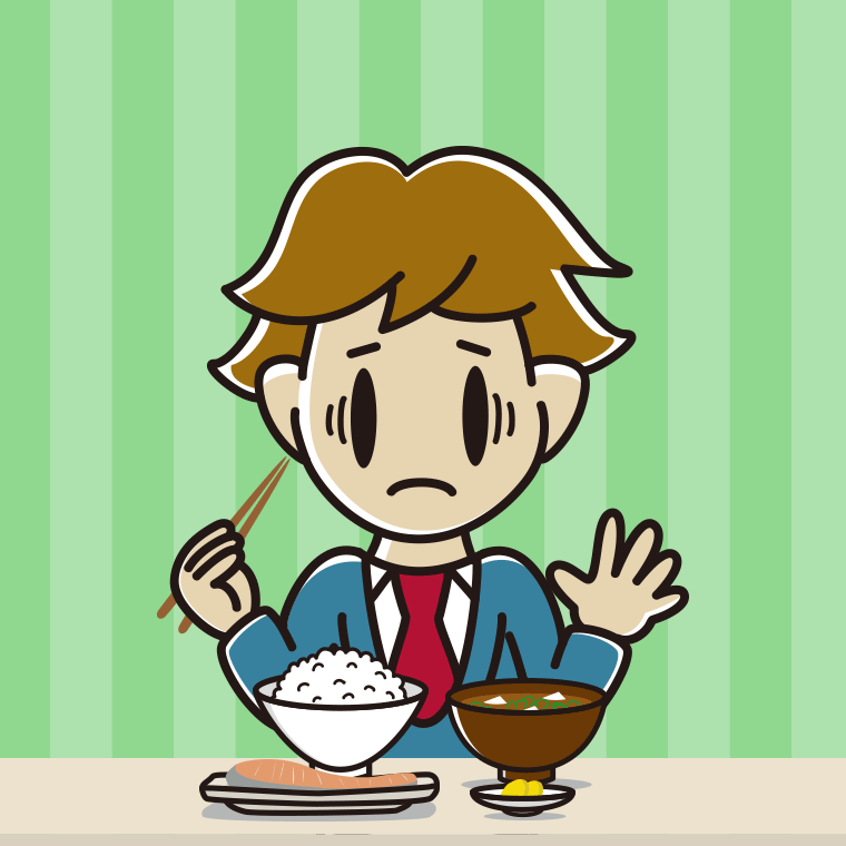 朝食（和食）で困る男子高校生のイラスト【色、背景あり】PNG