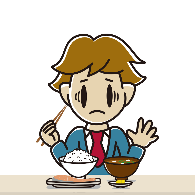 朝食（和食）で困る男子高校生のイラスト【色あり、背景なし】透過PNG