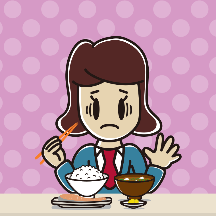 朝食（和食）で困る女子高校生のイラスト【色、背景あり】PNG