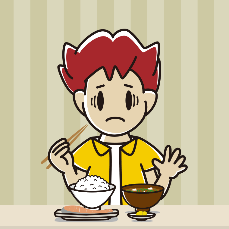 朝食（和食）で困る男子大学生のイラスト【色、背景あり】PNG