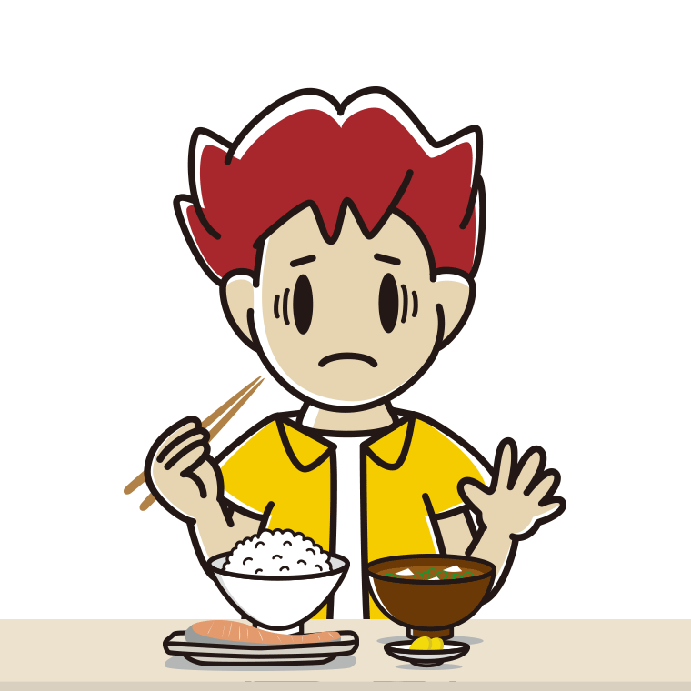 朝食（和食）で困る男子大学生のイラスト【色あり、背景なし】透過PNG