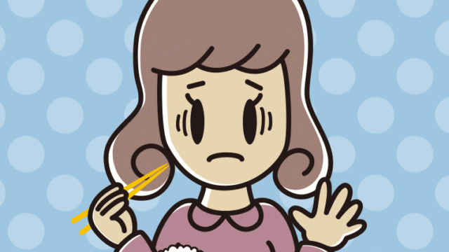 朝食（和食）で困る女子大学生のイラスト【色、背景あり】PNG