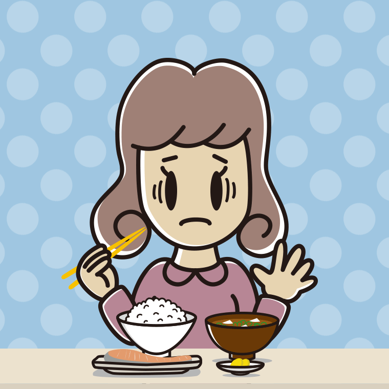 朝食（和食）で困る女子大学生のイラスト【色、背景あり】PNG