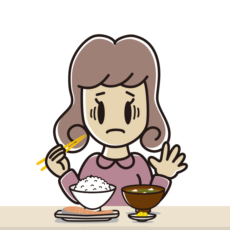 朝食（和食）で困る女子大学生のイラスト【色あり、背景なし】透過PNG