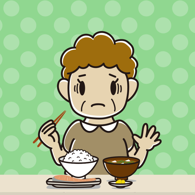 朝食（和食）で困るおばさんのイラスト【色、背景あり】PNG
