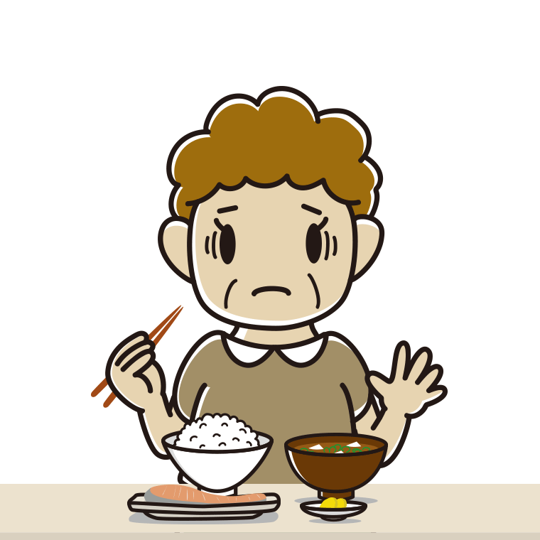 朝食（和食）で困るおばさんのイラスト【色あり、背景なし】透過PNG