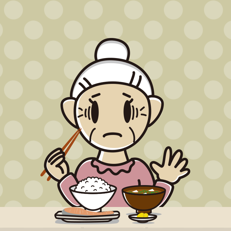 朝食（和食）で困るおばあさんのイラスト【色、背景あり】PNG