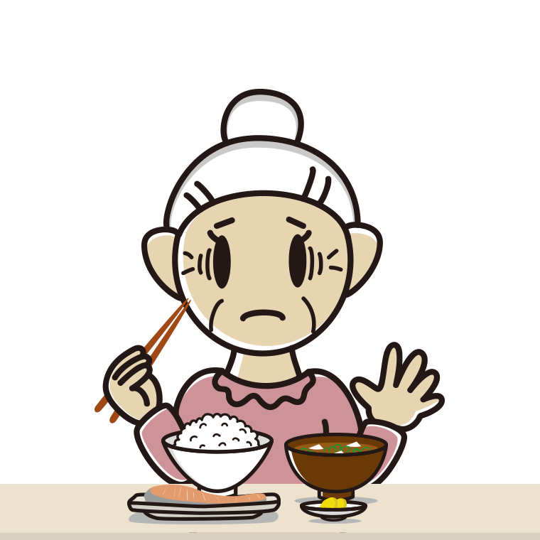 朝食（和食）で困るおばあさんのイラスト【色あり、背景なし】透過PNG