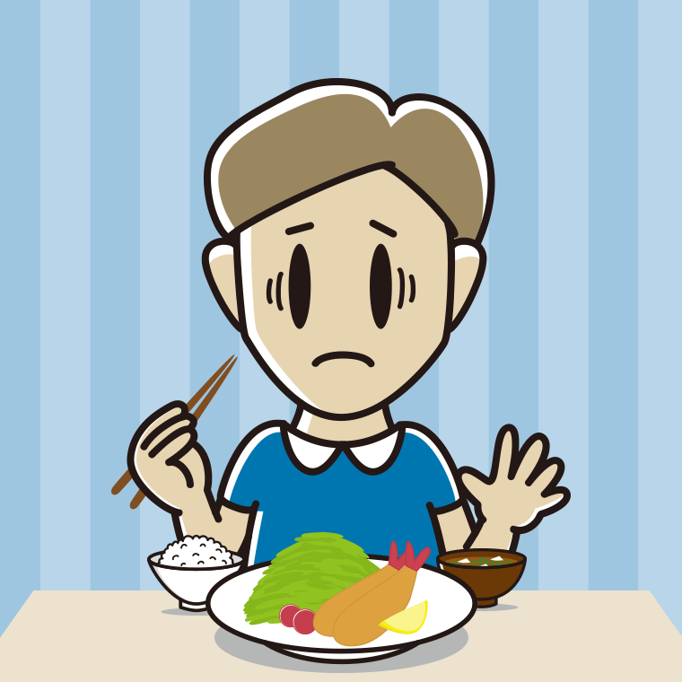 エビフライで困る男性のイラスト【色、背景あり】PNG