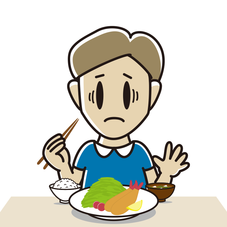 エビフライで困る男性のイラスト【色あり、背景なし】透過PNG