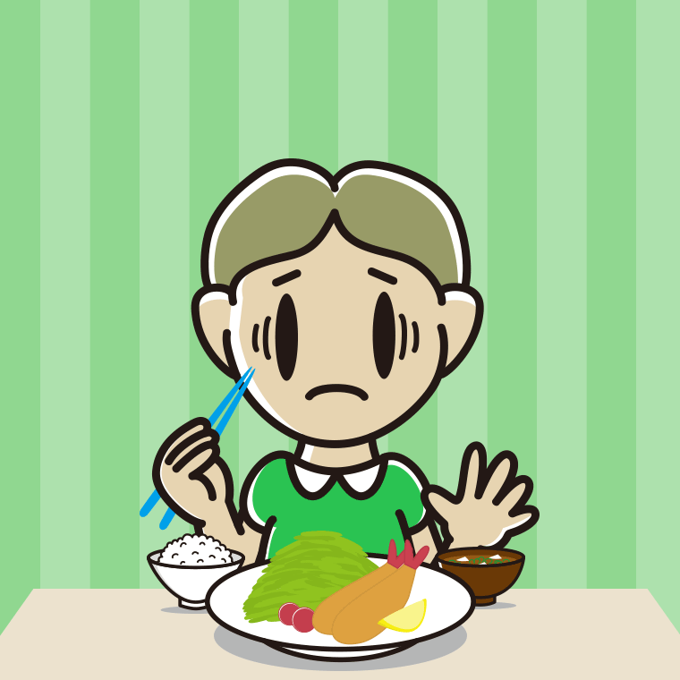 エビフライで困る小学生男子のイラスト【色、背景あり】PNG