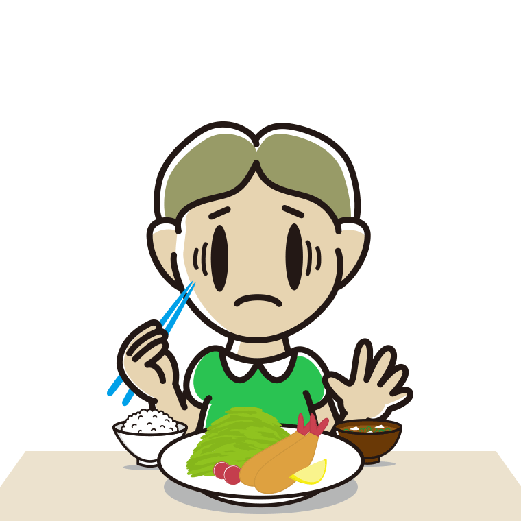 エビフライで困る小学生男子のイラスト【色あり、背景なし】透過PNG