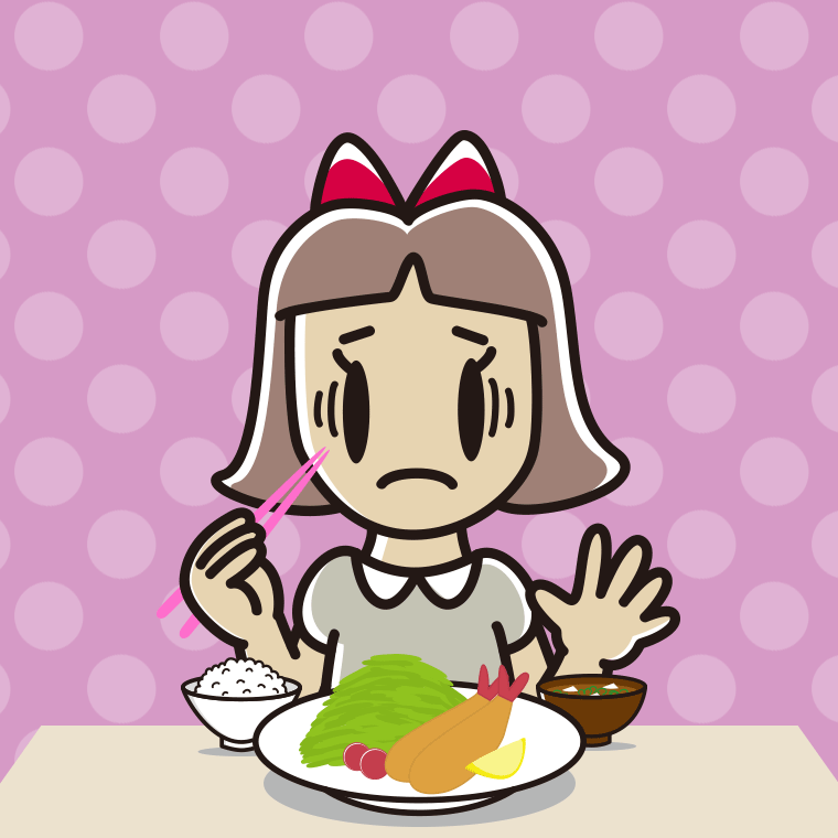 エビフライで困る小学生女子のイラスト【色、背景あり】PNG